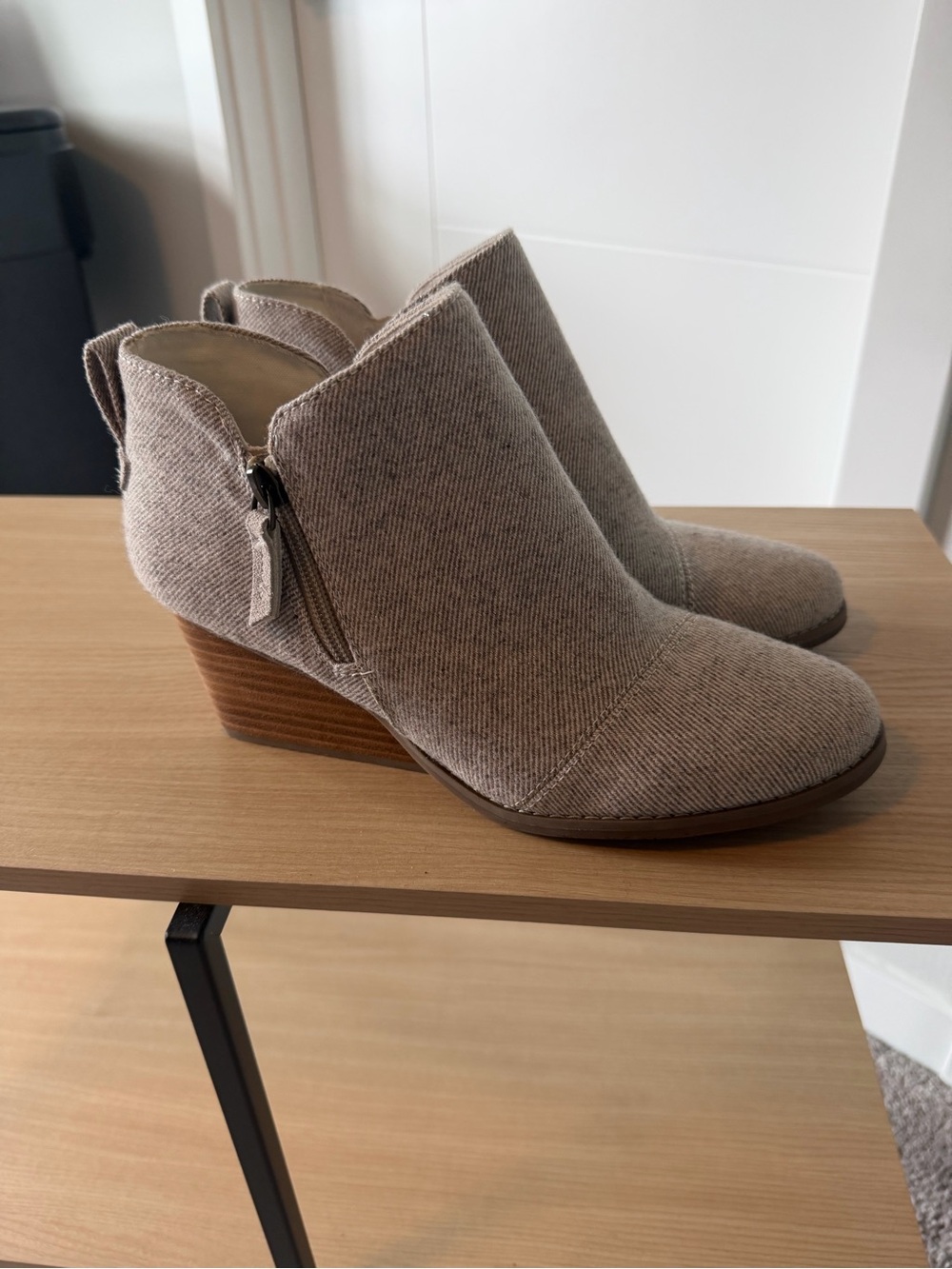 Toms wedge booties, women’s size 8.5 (US)   
Neutral Taupe Ankle Boots